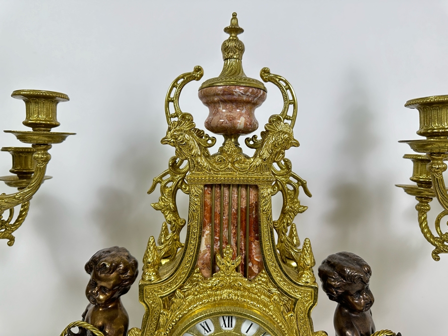 Vintage Two-Tone Bronze & Marble Three-Piece Garniture Set Featuring Imperial Franz Hermle Mantel Clock 24H And Pair Of Candelabras 26H - Clock Needs Servicing [Photo 6]