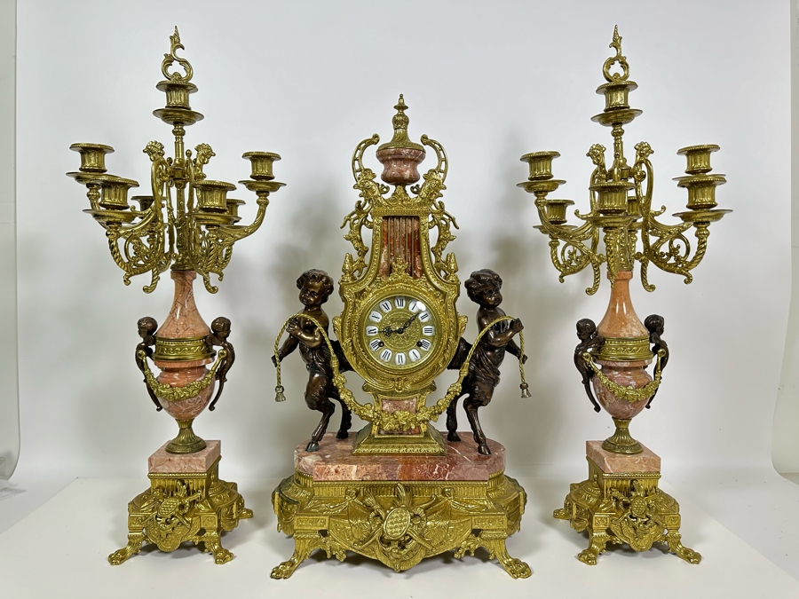 Vintage Two-Tone Bronze & Marble Three-Piece Garniture Set Featuring Imperial Franz Hermle Mantel Clock 24H And Pair Of Candelabras 26H - Clock Needs Servicing [Photo 2]