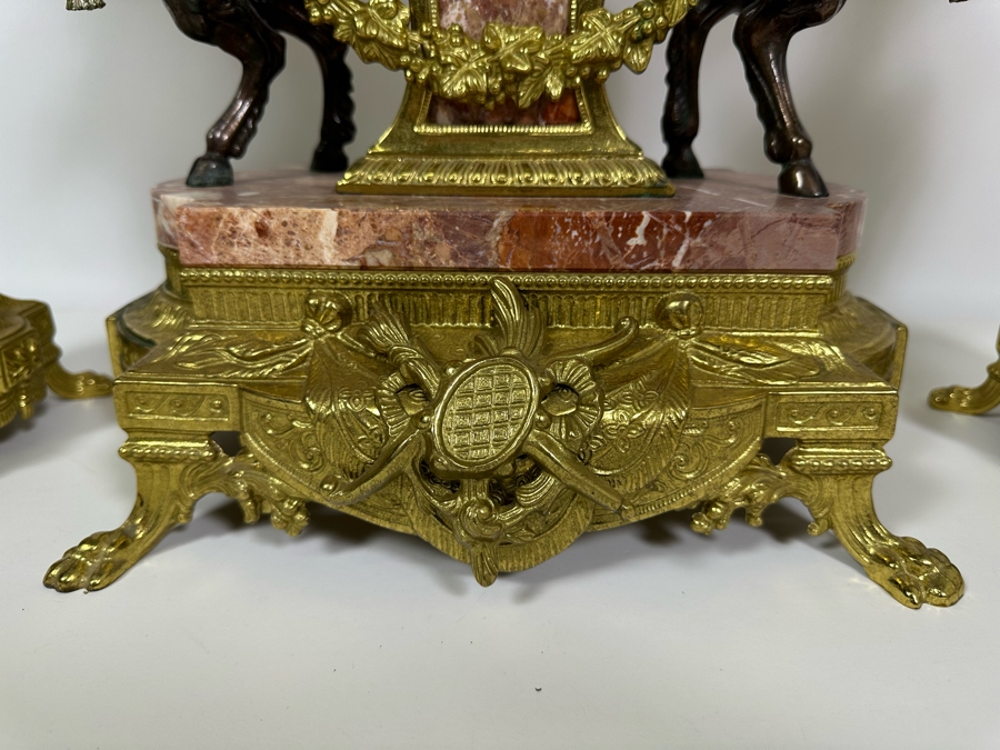 Vintage Two-Tone Bronze & Marble Three-Piece Garniture Set Featuring Imperial Franz Hermle Mantel Clock 24H And Pair Of Candelabras 26H - Clock Needs Servicing [Photo 4]