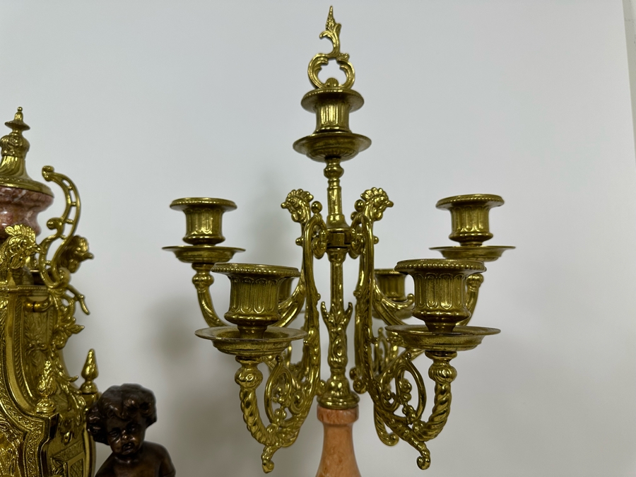 Vintage Two-Tone Bronze & Marble Three-Piece Garniture Set Featuring Imperial Franz Hermle Mantel Clock 24H And Pair Of Candelabras 26H - Clock Needs Servicing [Photo 10]