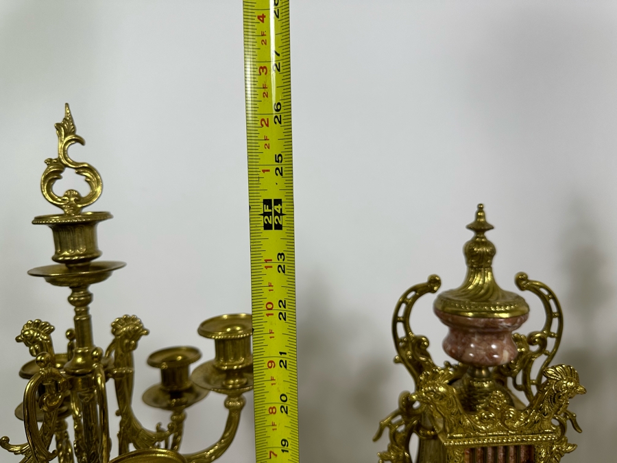 Vintage Two-Tone Bronze & Marble Three-Piece Garniture Set Featuring Imperial Franz Hermle Mantel Clock 24H And Pair Of Candelabras 26H - Clock Needs Servicing [Photo 14]