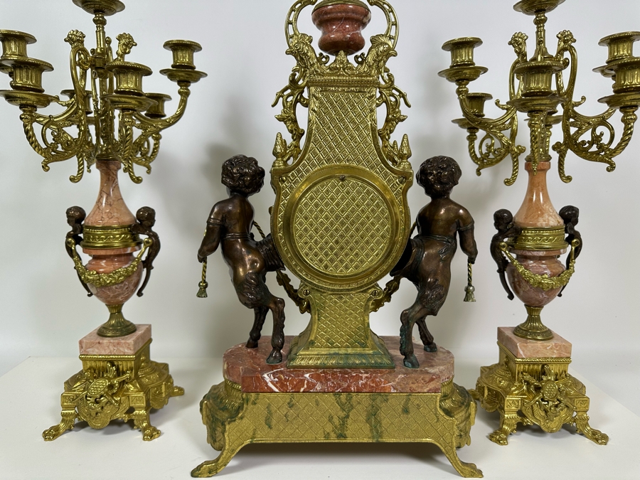 Vintage Two-Tone Bronze & Marble Three-Piece Garniture Set Featuring Imperial Franz Hermle Mantel Clock 24H And Pair Of Candelabras 26H - Clock Needs Servicing [Photo 15]