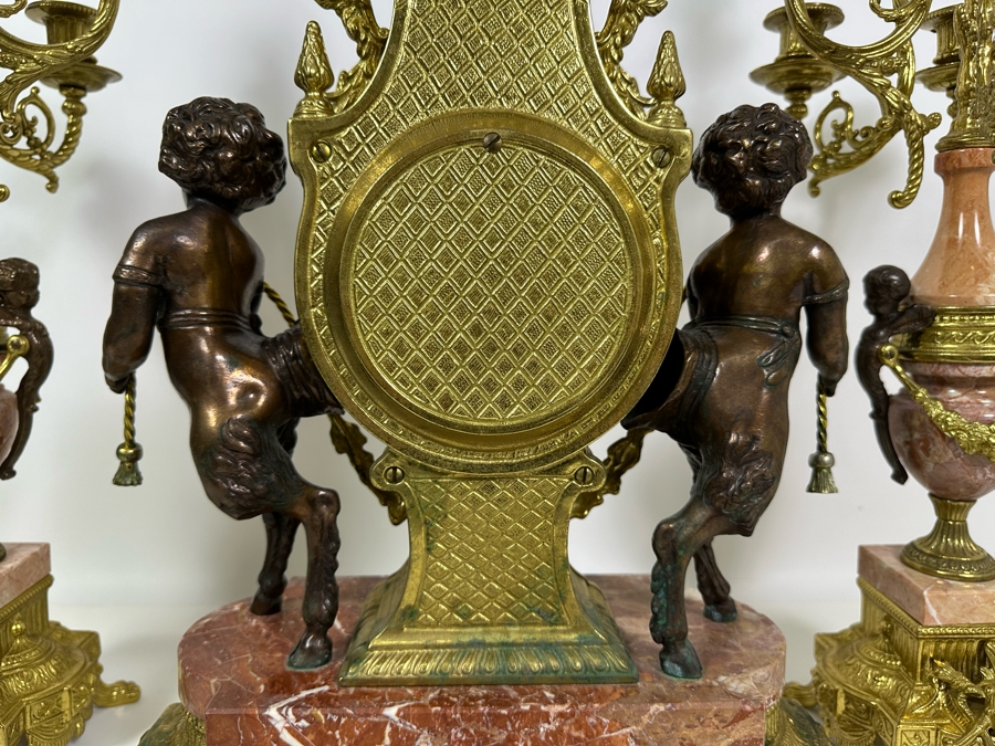 Vintage Two-Tone Bronze & Marble Three-Piece Garniture Set Featuring Imperial Franz Hermle Mantel Clock 24H And Pair Of Candelabras 26H - Clock Needs Servicing [Photo 16]