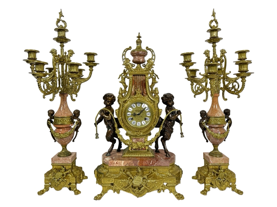 Vintage Two-Tone Bronze & Marble Three-Piece Garniture Set Featuring Imperial Franz Hermle Mantel Clock 24H And Pair Of Candelabras 26H - Clock Needs Servicing [Photo 1]