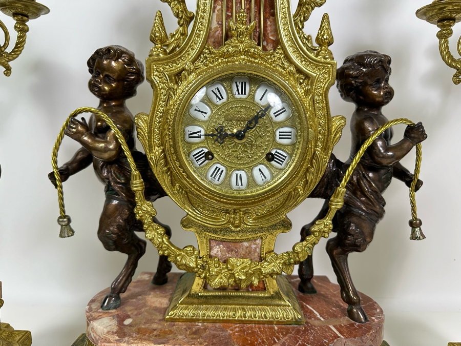 Vintage Two-Tone Bronze & Marble Three-Piece Garniture Set Featuring Imperial Franz Hermle Mantel Clock 24H And Pair Of Candelabras 26H - Clock Needs Servicing [Photo 5]