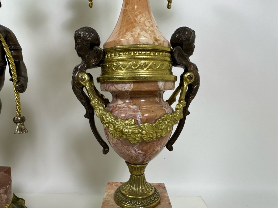 Vintage Two-Tone Bronze & Marble Three-Piece Garniture Set Featuring Imperial Franz Hermle Mantel Clock 24H And Pair Of Candelabras 26H - Clock Needs Servicing [Photo 8]