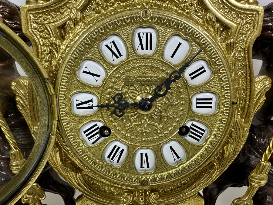 Vintage Two-Tone Bronze & Marble Three-Piece Garniture Set Featuring Imperial Franz Hermle Mantel Clock 24H And Pair Of Candelabras 26H - Clock Needs Servicing [Photo 11]