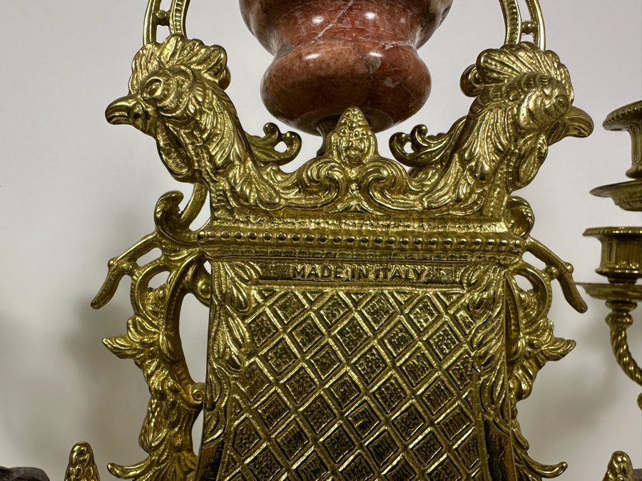 Vintage Two-Tone Bronze & Marble Three-Piece Garniture Set Featuring Imperial Franz Hermle Mantel Clock 24H And Pair Of Candelabras 26H - Clock Needs Servicing [Photo 17]