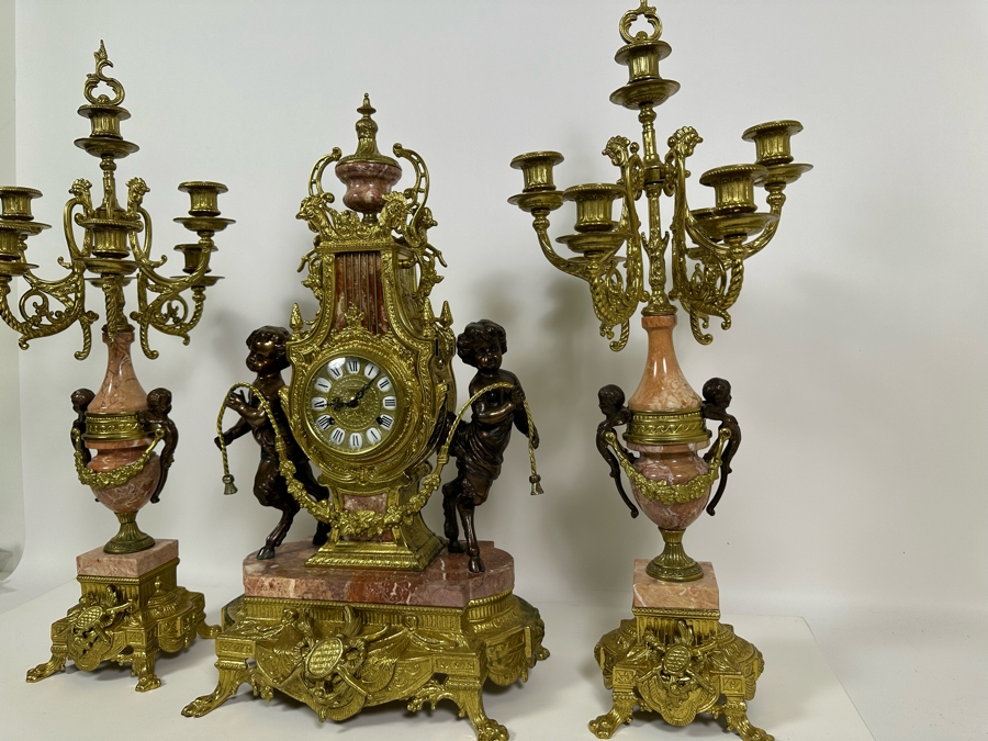 Vintage Two-Tone Bronze & Marble Three-Piece Garniture Set Featuring Imperial Franz Hermle Mantel Clock 24H And Pair Of Candelabras 26H - Clock Needs Servicing [Photo 7]