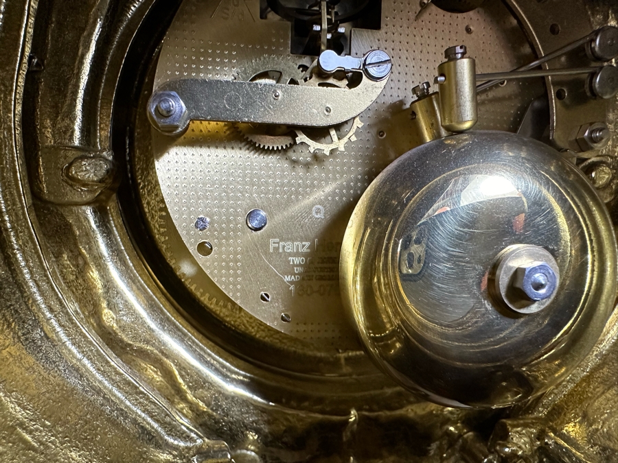 Vintage Two-Tone Bronze & Marble Three-Piece Garniture Set Featuring Imperial Franz Hermle Mantel Clock 24H And Pair Of Candelabras 26H - Clock Needs Servicing [Photo 19]