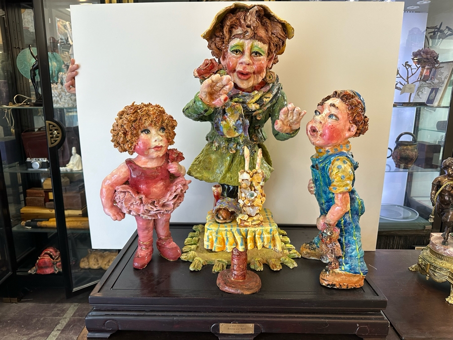 Impressive Large Scale Sculpture Featuring Mother With Son And Daughter On Large Wooden Stand Titled 'L'Dor V'Dor' Signed By Branah Layah And Bonnie Lee Roth - Was Formerly Displayed In A Museum 26.5W X 17.5D X 30H [Photo 2]