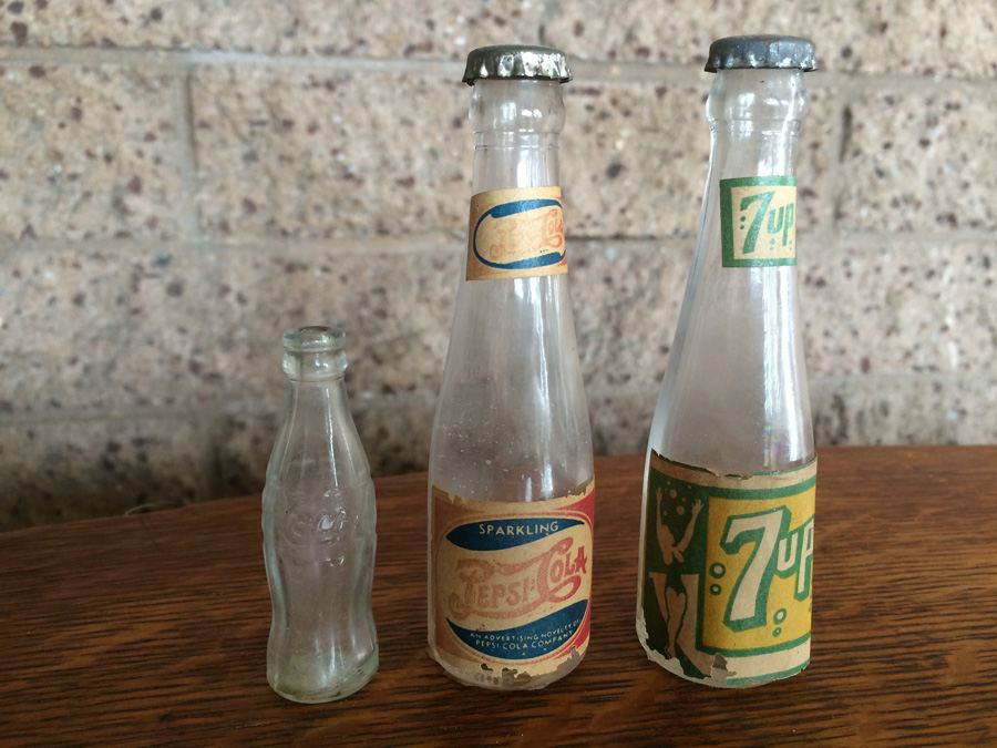 Set of 3 Vintage Soda Pop Miniature Bottles - Coca-Cola, Pepsi-Cola, 7up