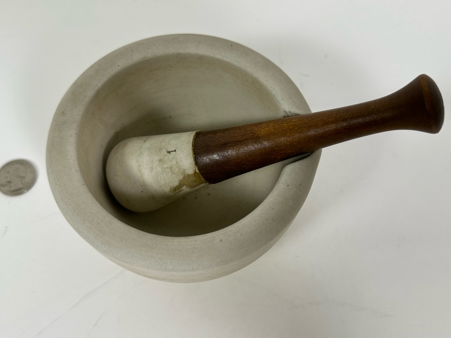 Vintage Apothecary Mortar 5W X 3H & Pestle 6L Stoneware Medicine Bowl [Photo 5]