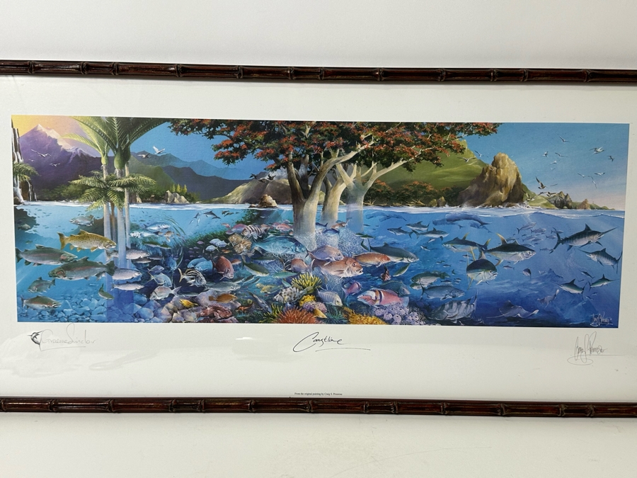 Craig S. Primrose Artist Hand Signed Print Titled 'Coastline' In Nice Wooden Bamboo Motif Frame 34 X 16 [Photo 5]
