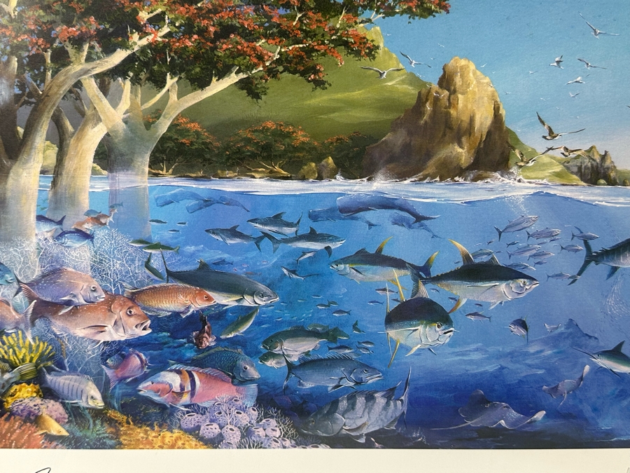 Craig S. Primrose Artist Hand Signed Print Titled 'Coastline' In Nice Wooden Bamboo Motif Frame 34 X 16 [Photo 19]