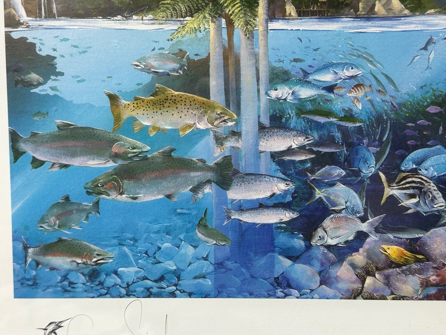 Craig S. Primrose Artist Hand Signed Print Titled 'Coastline' In Nice Wooden Bamboo Motif Frame 34 X 16 [Photo 13]