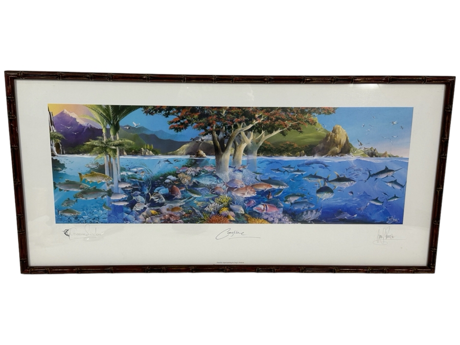 Craig S. Primrose Artist Hand Signed Print Titled 'Coastline' In Nice Wooden Bamboo Motif Frame 34 X 16 [Photo 2]