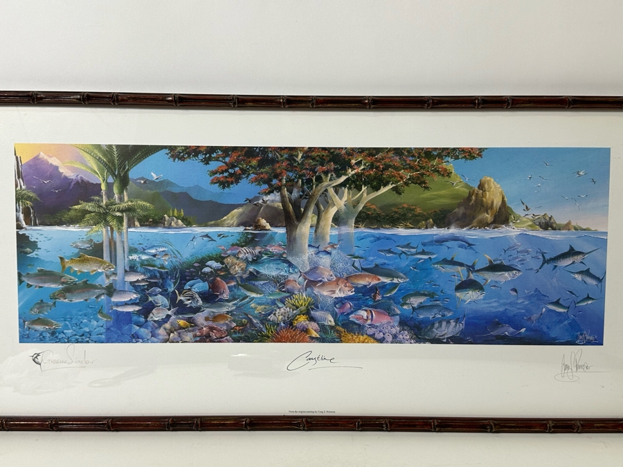Craig S. Primrose Artist Hand Signed Print Titled 'Coastline' In Nice Wooden Bamboo Motif Frame 34 X 16 [Photo 4]