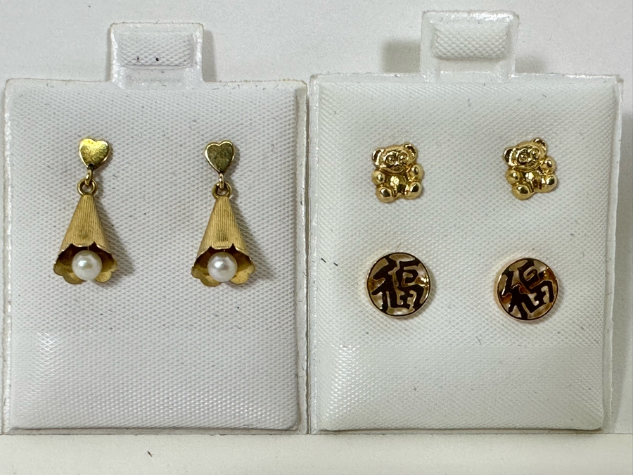 Three Pair Of 14K Gold Earrings 2.4g [Photo 2]