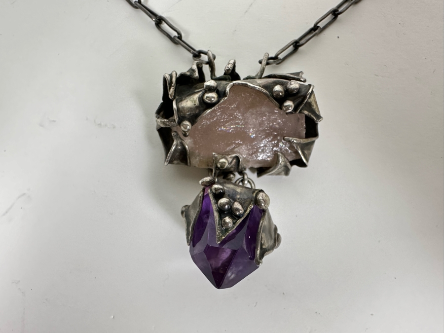 Sterling Silver Statement 22' Necklace With Rose Quartz And Amethyst Stones [Photo 6]