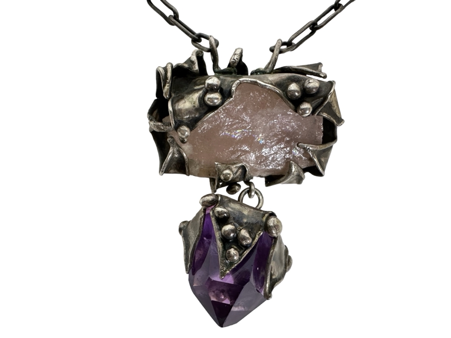 Sterling Silver Statement 22' Necklace With Rose Quartz And Amethyst Stones [Photo 2]