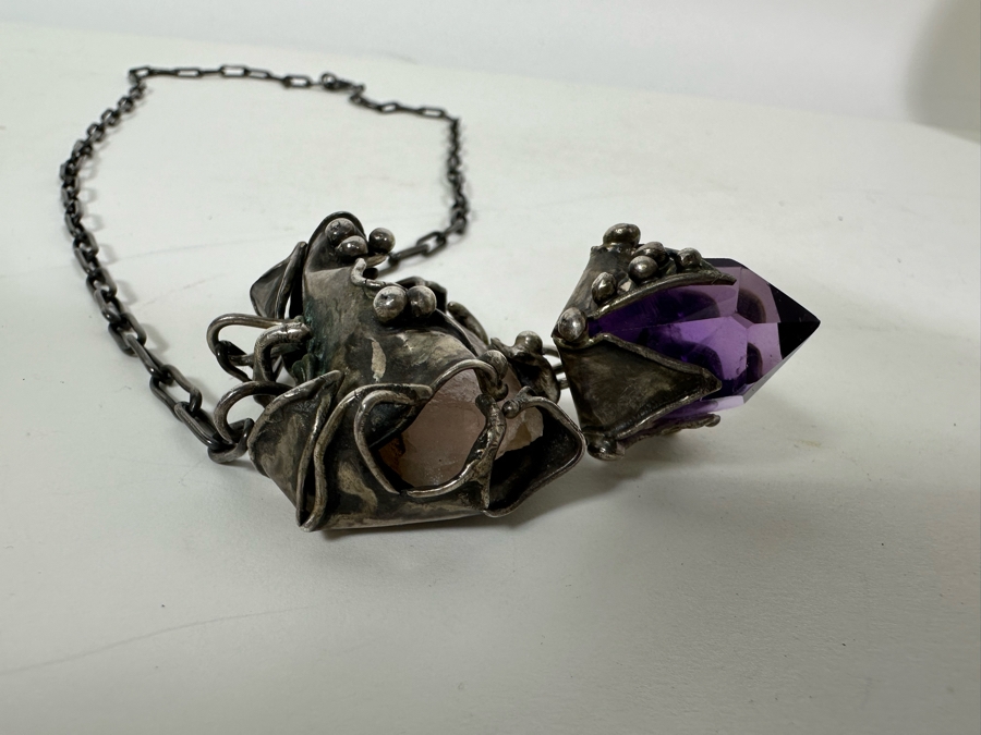 Sterling Silver Statement 22' Necklace With Rose Quartz And Amethyst Stones [Photo 9]