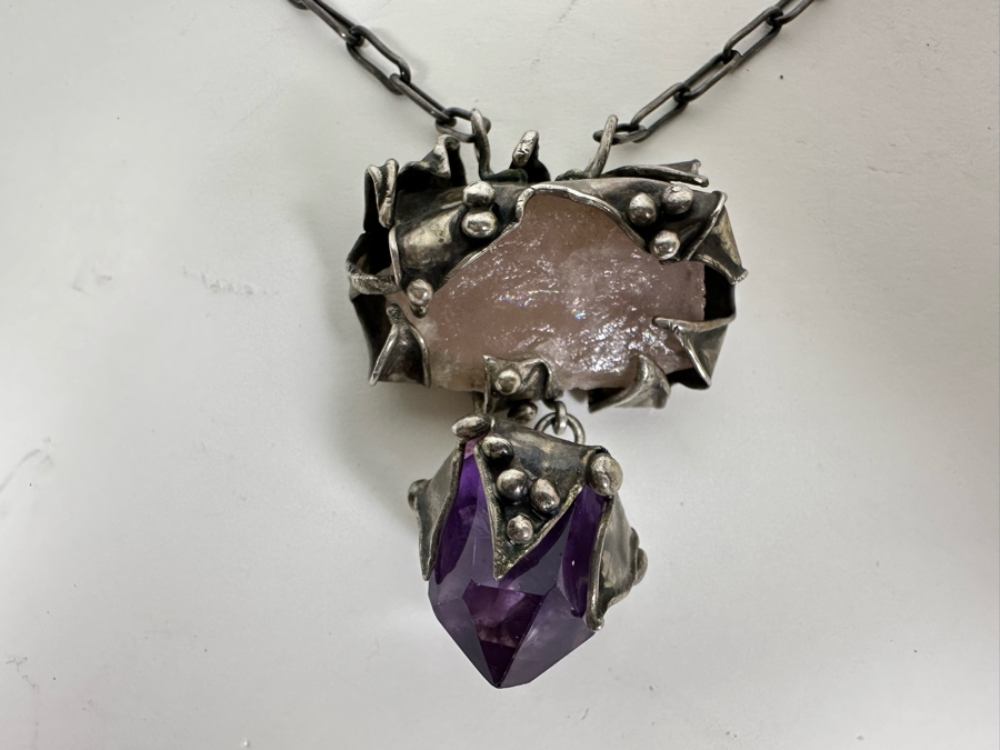 Sterling Silver Statement 22' Necklace With Rose Quartz And Amethyst Stones [Photo 7]
