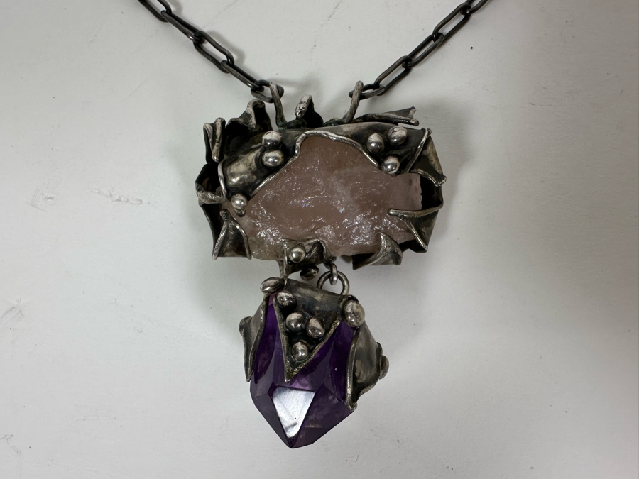 Sterling Silver Statement 22' Necklace With Rose Quartz And Amethyst Stones [Photo 5]