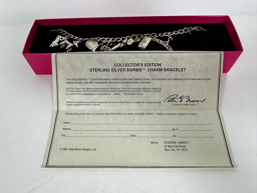 Vintage 1990 Sterling Silver Barbie Charm Bracelet Collector's Edition By Peter Brams Design With Original Box [Photo 13]