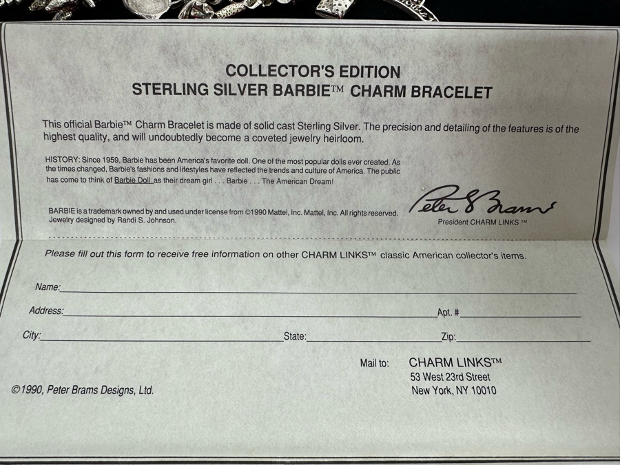 Vintage 1990 Sterling Silver Barbie Charm Bracelet Collector's Edition By Peter Brams Design With Original Box [Photo 14]