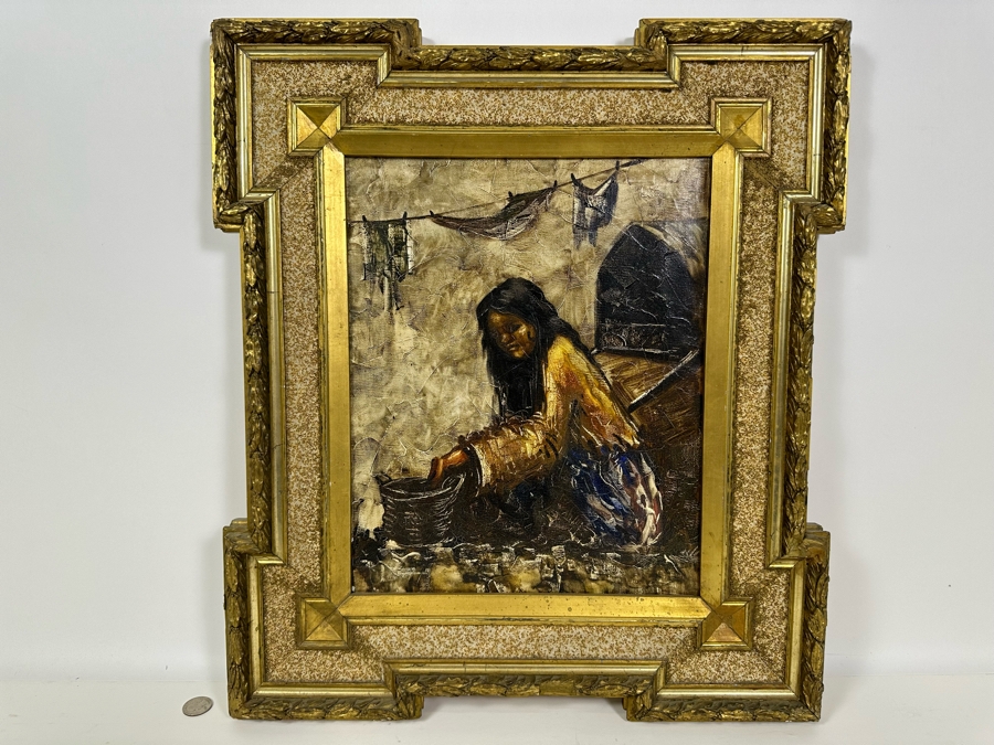 Original Painting On Canvas 12 X 15 In Antique Gilt Wooden Frame 19.5 X 22.5 [Photo 2]