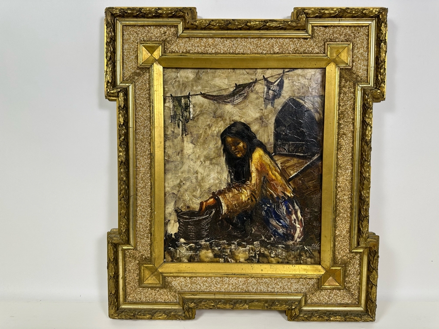 Original Painting On Canvas 12 X 15 In Antique Gilt Wooden Frame 19.5 X 22.5 [Photo 3]