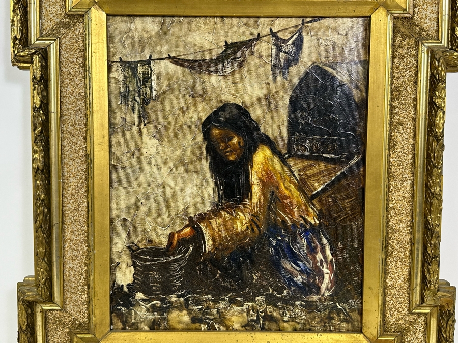 Original Painting On Canvas 12 X 15 In Antique Gilt Wooden Frame 19.5 X 22.5 [Photo 5]