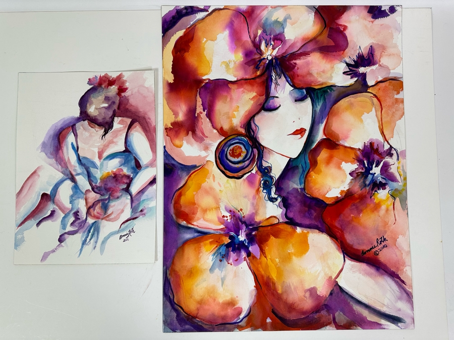Bonnie Lee Roth (B. 1942, Southern California) Pair Of Original Watercolor Paintings On Paper 18 X 24 / 10 X 14 [Photo 2]