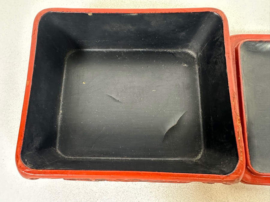 Vintage Chinese Carved Cinnabar Lidded Box With Tray 7W X 6.5D X 2.75H [Photo 21]