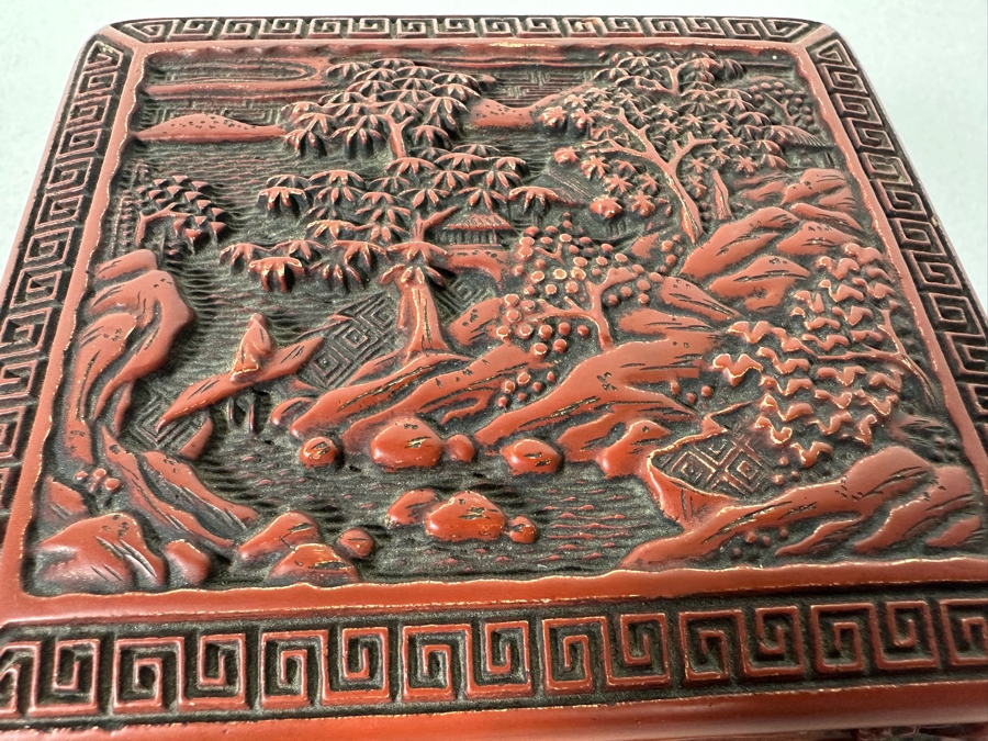 Vintage Chinese Carved Cinnabar Lidded Box With Tray 7W X 6.5D X 2.75H [Photo 25]
