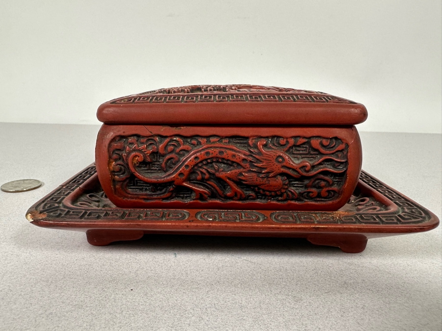 Vintage Chinese Carved Cinnabar Lidded Box With Tray 7W X 6.5D X 2.75H [Photo 11]