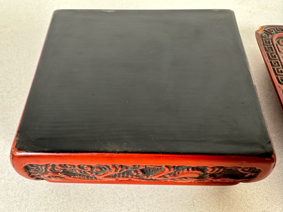 Vintage Chinese Carved Cinnabar Lidded Box With Tray 7W X 6.5D X 2.75H [Photo 19]