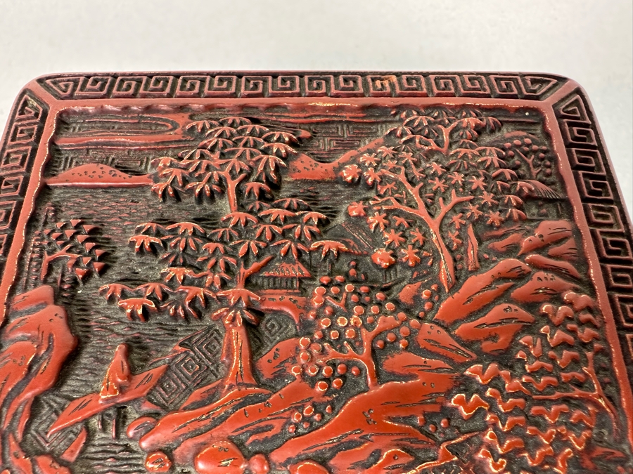 Vintage Chinese Carved Cinnabar Lidded Box With Tray 7W X 6.5D X 2.75H [Photo 8]