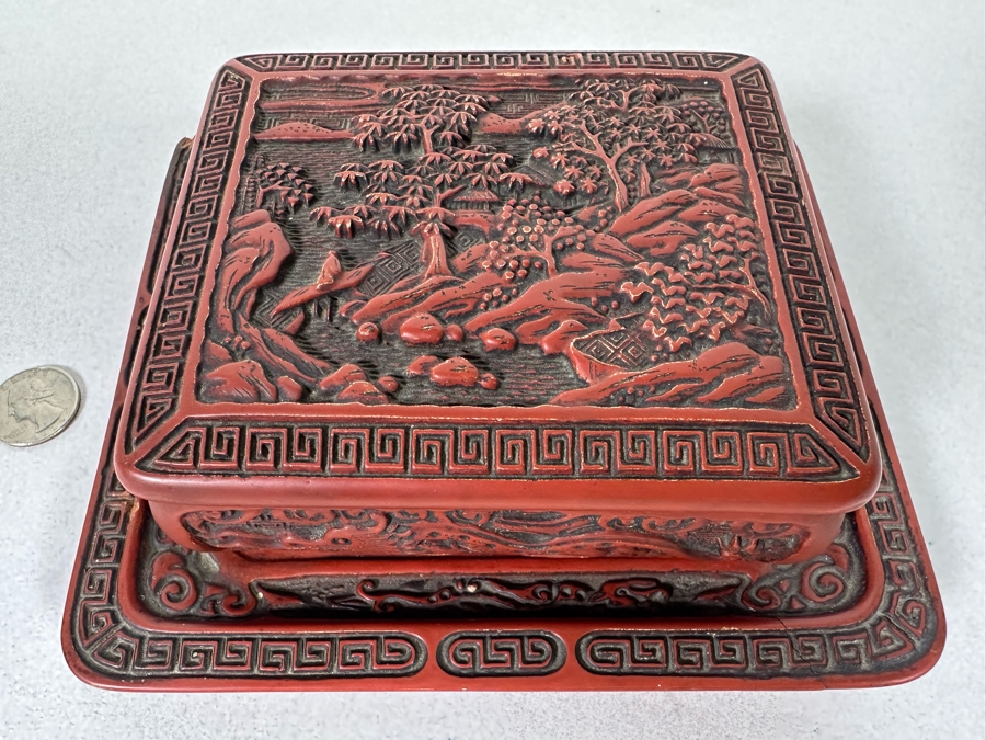 Vintage Chinese Carved Cinnabar Lidded Box With Tray 7W X 6.5D X 2.75H [Photo 3]