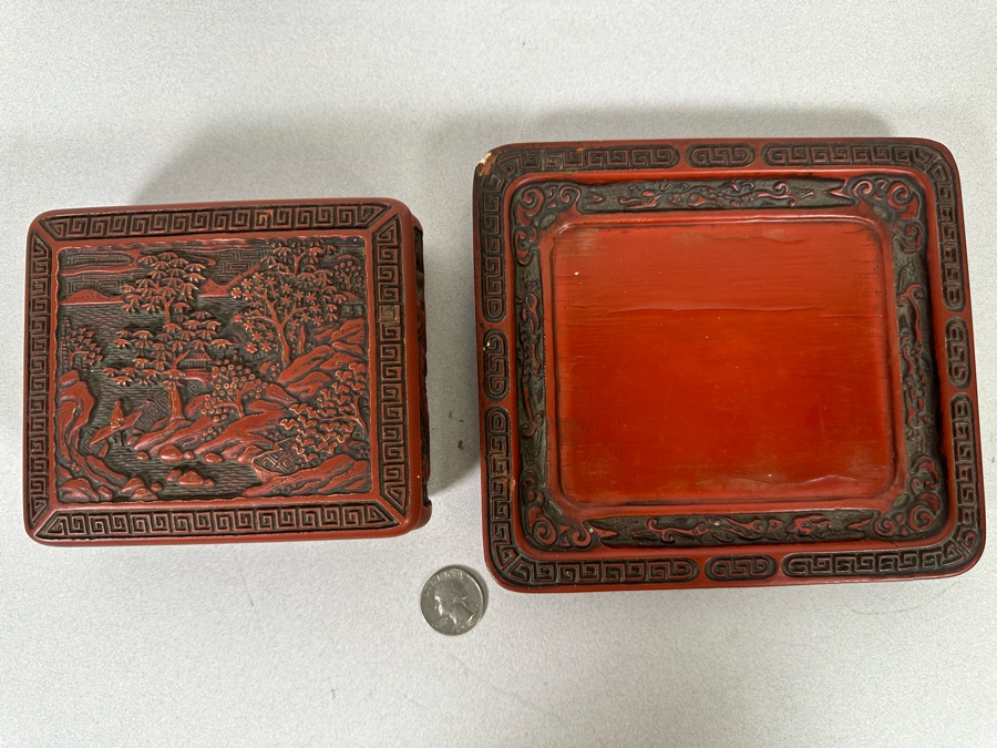 Vintage Chinese Carved Cinnabar Lidded Box With Tray 7W X 6.5D X 2.75H [Photo 16]