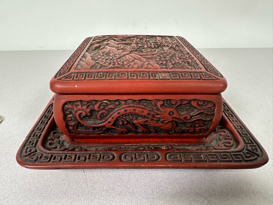 Vintage Chinese Carved Cinnabar Lidded Box With Tray 7W X 6.5D X 2.75H [Photo 15]