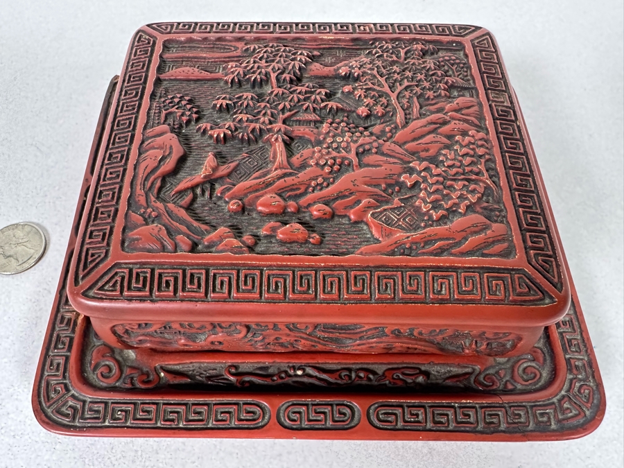 Vintage Chinese Carved Cinnabar Lidded Box With Tray 7W X 6.5D X 2.75H [Photo 4]