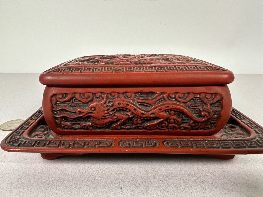 Vintage Chinese Carved Cinnabar Lidded Box With Tray 7W X 6.5D X 2.75H [Photo 9]