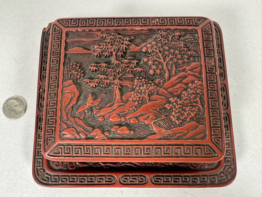 Vintage Chinese Carved Cinnabar Lidded Box With Tray 7W X 6.5D X 2.75H [Photo 5]