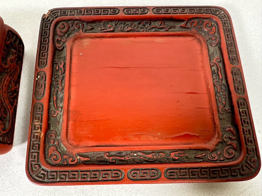 Vintage Chinese Carved Cinnabar Lidded Box With Tray 7W X 6.5D X 2.75H [Photo 17]