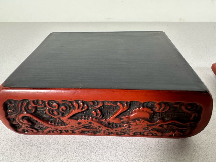 Vintage Chinese Carved Cinnabar Lidded Box With Tray 7W X 6.5D X 2.75H [Photo 22]