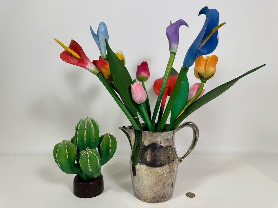 Collectin Of Wooden Hand Painted Flowers And Cactus Tree With Silverplate Pitcher 19.5H [Photo 3]