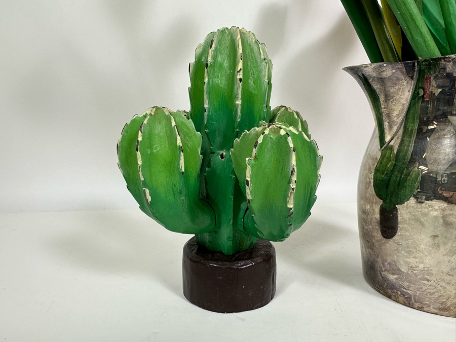 Collectin Of Wooden Hand Painted Flowers And Cactus Tree With Silverplate Pitcher 19.5H [Photo 4]