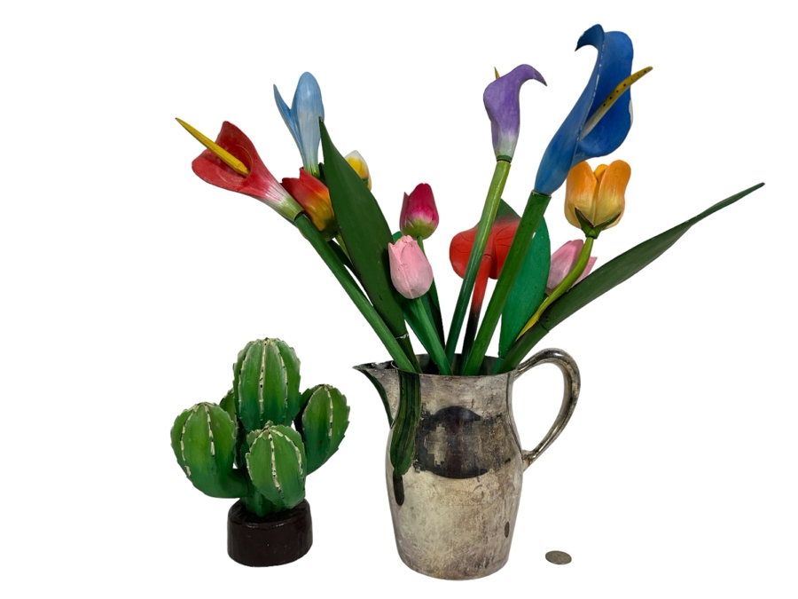 Collectin Of Wooden Hand Painted Flowers And Cactus Tree With Silverplate Pitcher 19.5H